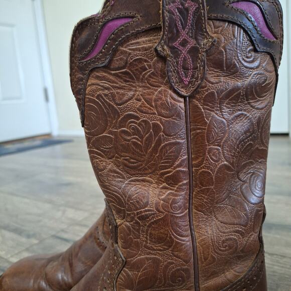 Justin square Toe Cowgirl Western Brown Leather Boot womens 6.5 - Picture 3 of 9